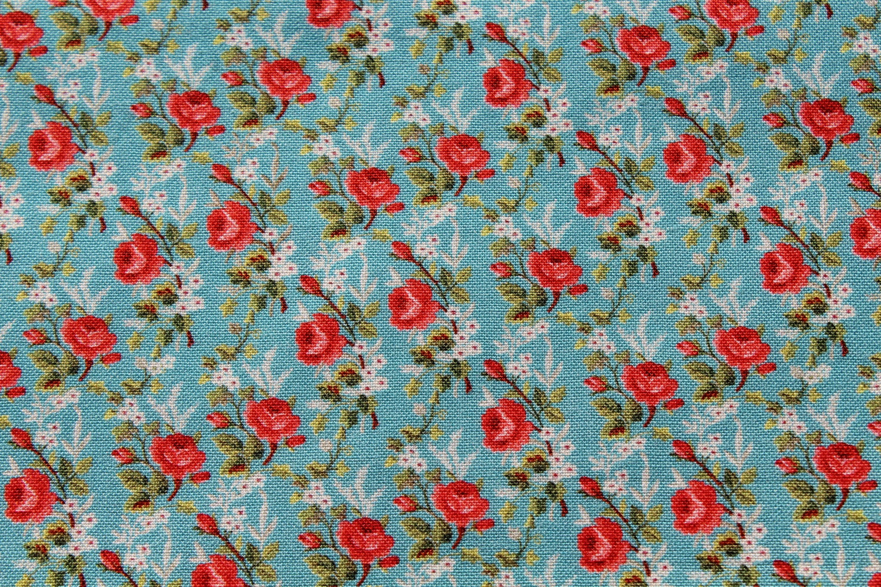 Moda Small Red Roses on Turquoise Blue 100% Cotton Fabric by the yard