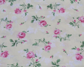 Vintage Style Pink Rose on Pale Cream Yellow Cotton Fabric by the Yard, for Quilting, Sewing, Doll or Summer Girl Dress