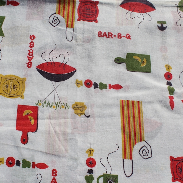 Retro 50s BBQ Cotton Fabric by the yard, Lightweight Kitchen Apron Coffee Kettle, Red Green Mustard Yellow on White Material BTY Yardage