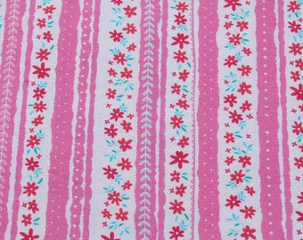 Hot Pink Small Floral Striped Border Print 100% Cotton Fabric by the Yard for Quilting, Sewing Summer Girl Dress