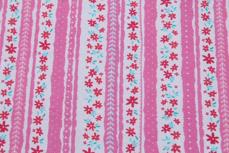 Hot Pink Small Floral Striped Border Print 100% Cotton Fabric by the Yard for Quilting, Sewing Summer Girl Dress image 1