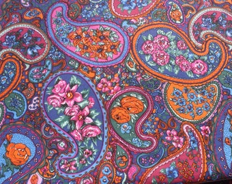Vintage Border Paisley Fabric by the yard, Soft Cotton Sewing Floral Flower Blue Orange BTY Yardage