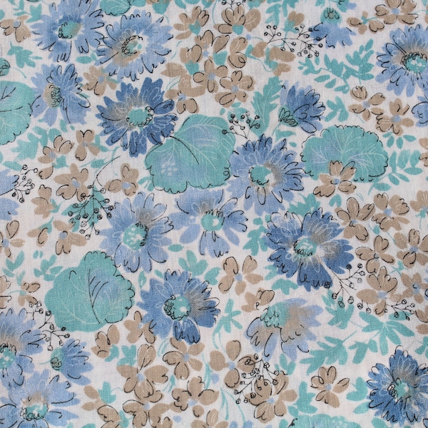 50s Blue and White Floral Print Fabric by the Yard for Dress Skirt Blouse