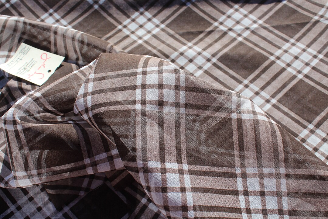 Semi Sheer Cotton Gauze Fabric by the Yard, Brown White Plaid