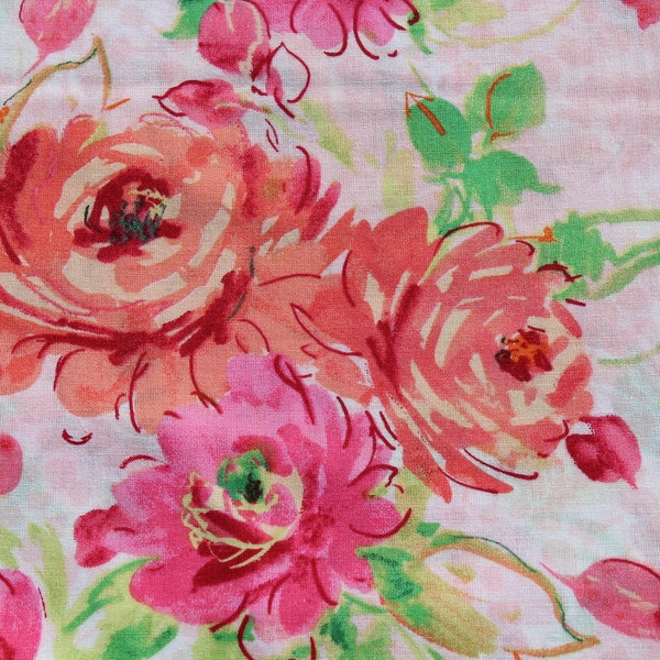 Hot Pink Rose Cotton Fabric by the Yard, Lightweight with Green leaves on White, Lightweight Curtain, Floral Print Dress, Skirt