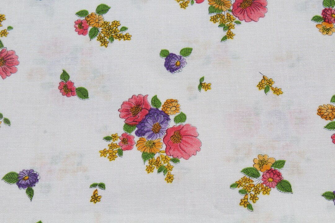 Hot Pink Purple & Yellow Floral Print Cotton Fabric, Flowers on White ...
