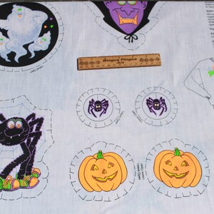 May include: A light blue Halloween-themed fabric featuring various cut-out designs. Includes a ghost, spider, pumpkin, and vampire. The fabric also has a ruler with the text "Bingus Pingus Art".