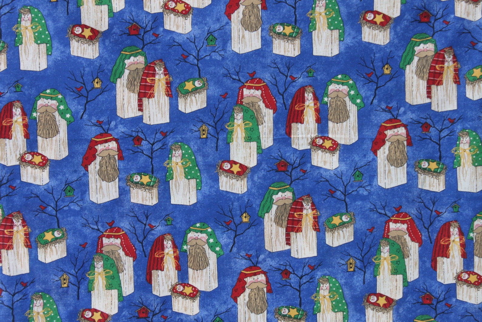 Christmas Nativity Cotton Fabric by the Yard Blue Red Funky Etsy