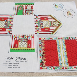 May include: A printable pattern for a candy cottage, featuring a red and white striped exterior with a green door and a yellow roof. The pattern includes instructions for cutting, sewing, and stitching. The pattern is labelled "Candy Cottage" and "Patch Press 1981".