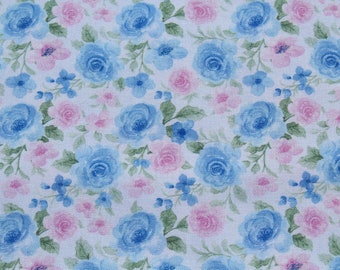 Cottage Charm Pastel Pink & Baby Blue Rose Cotton Fabric by the Yard, Vintage Look for Doll or Summer Girl Dress