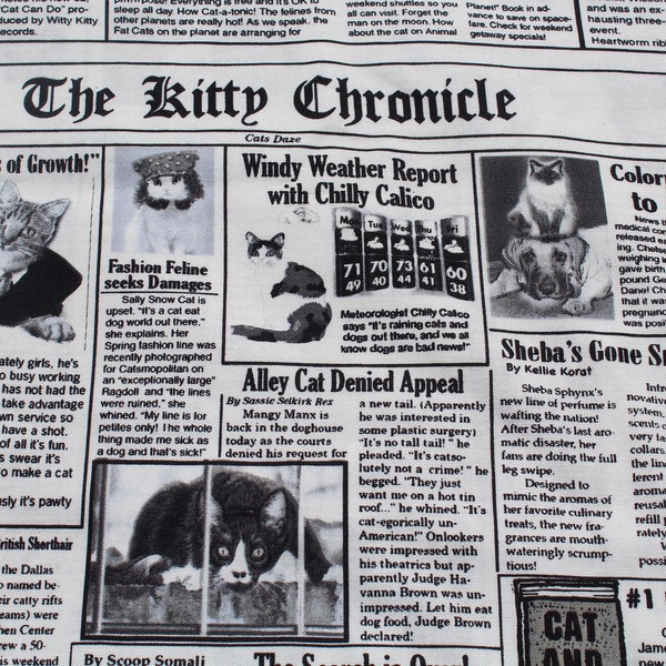 Cat Newspaper Cotton Quilt Fabric by the yard in Black and White for Sewing Quilting Material