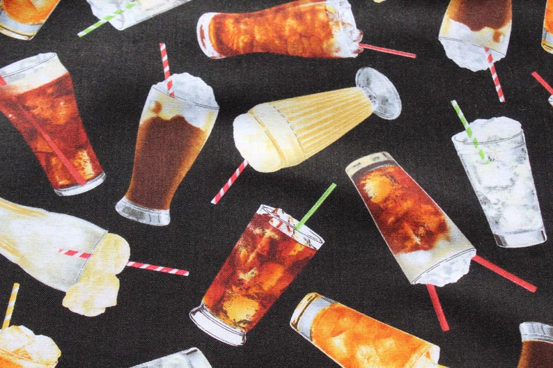 May include: A repeating pattern on a black background, featuring illustrations of various cold drinks such as root beer floats, iced tea, and milkshakes. Each drink is shown with a straw and whipped cream, creating a refreshing design.