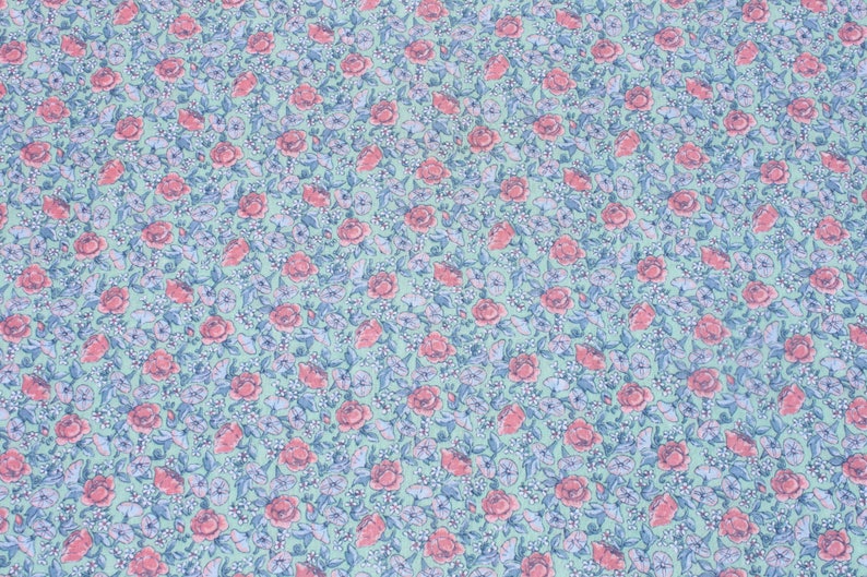 Floral Doll Dress Sewing Quilting Fabric Vintage Pink Purple Small Flowers on Mint Green Cotton Fabric By the Yard