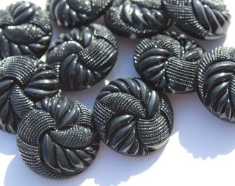 Large Black Textured Plastic Buttons, 1 1/8 inch, Retro Shank Back, Sewing Craft Jewelry - Lot