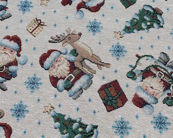 May include: A festive Christmas-themed fabric featuring repeating patterns of Santa Claus, reindeer, Christmas trees, snowflakes, and wrapped gifts. The design incorporates red, green, blue, and gold elements on a beige background.