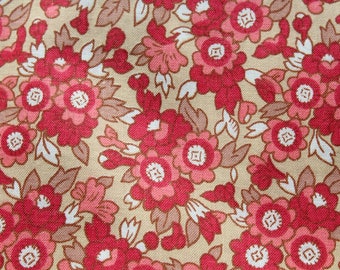 Small Floral Pink Red Print Fabric by the Yard on Beige Doll or Girl Dress, Quilting Sewing, Cloth Face Mask Material Yardage 36 inch wide