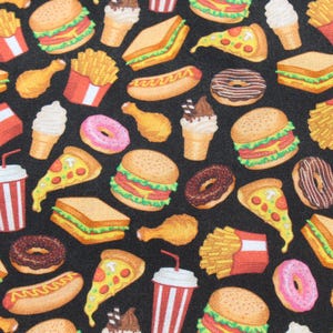 May include: A black background is covered with a pattern of various fast food items. Burgers, fries, pizza, sandwiches, donuts, ice cream cones, fried chicken, and soda cups are scattered across the surface.