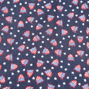 Small Print 4th of July American Cotton Fabric by the Yard Flag Shield & Stars American Patriotic Red Blue White Sewing Quilting Doll Dress