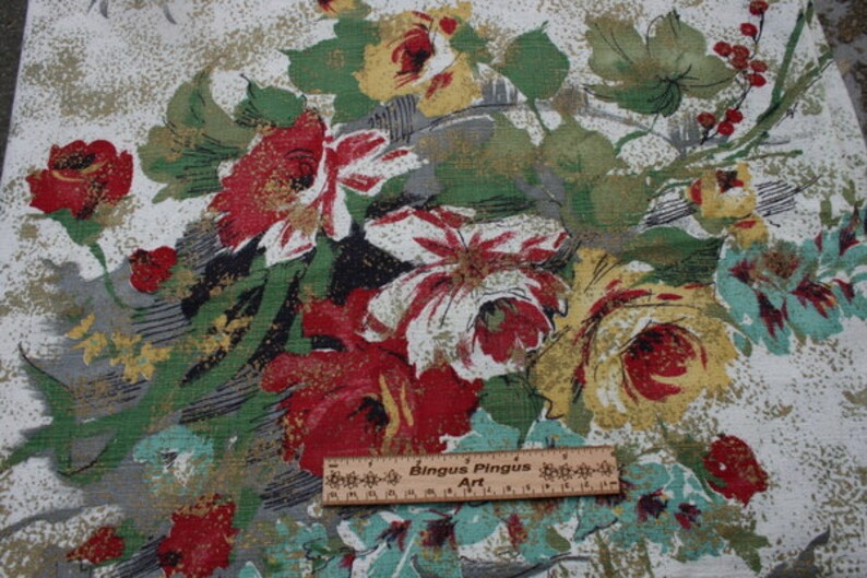 Vintage Barkcloth Fabric by the Yard Red Green Blue Gold Rose Etsy