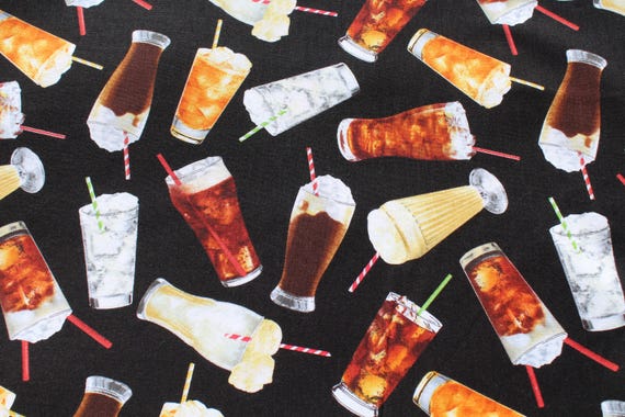 Realistic Soda Drinks 100% Cotton Fabric by the Yard, Elizabeth Studio