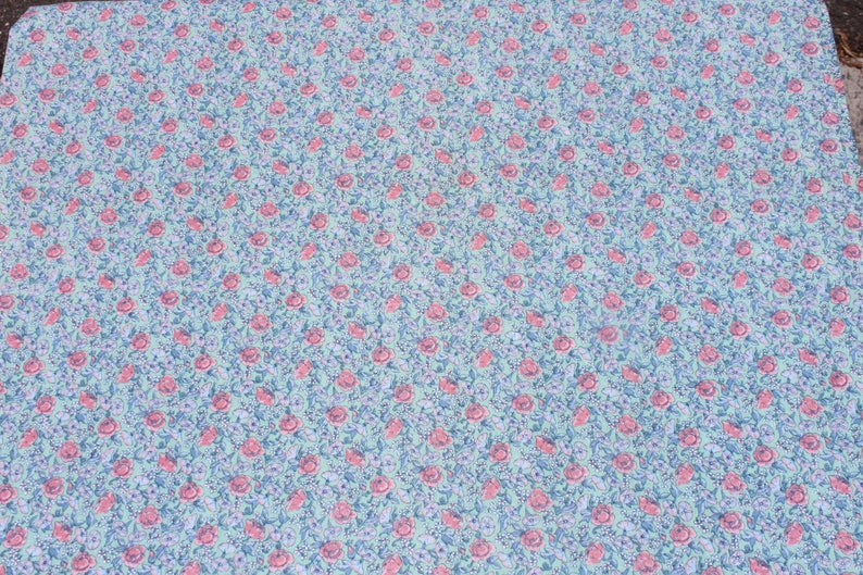 Floral Doll Dress Sewing Quilting Fabric Vintage Pink Purple Small Flowers on Mint Green Cotton Fabric By the Yard
