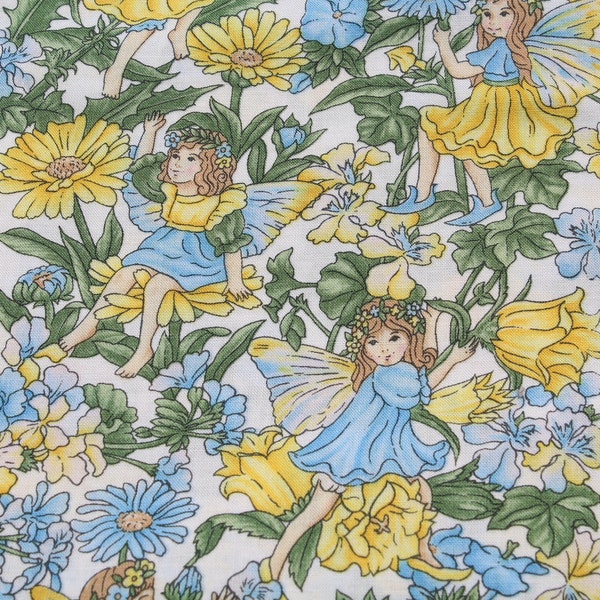 Bluebell & Yellow Flower Angel Fairy Cotton Fabric by the HALF Yard, Sewing Quilting