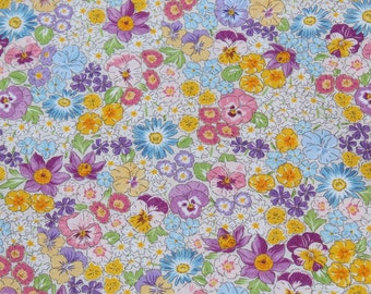 Pastel Rainbow Color Pansy Flower 100% Cotton Fabric by the Yard, Garden Floral Print for Quilting, Sewing Summer Girl Dress