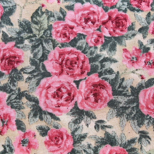 Spring Fabric - Small Pink & Green Roses on Cream Cotton, Shabby Chic Farm House Style