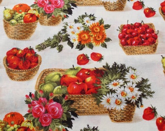 Fruit Basket Cotton Fabric by the Half Yard, Strawberry Apple Pear Roses Quilting Sewing Material