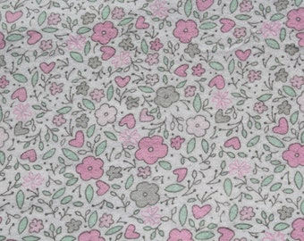 Cotton Flannel Small Floral Print with Hearts & Daisy Flowers in Pastel Pink Mint Green Gray by the Yard