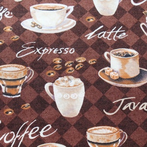 Coffee Lover Print 100% Cotton Fabric, Chocolate Brown Caffee Lattee, Cappucino, Frappucino, Quilting Sewing Barista Material