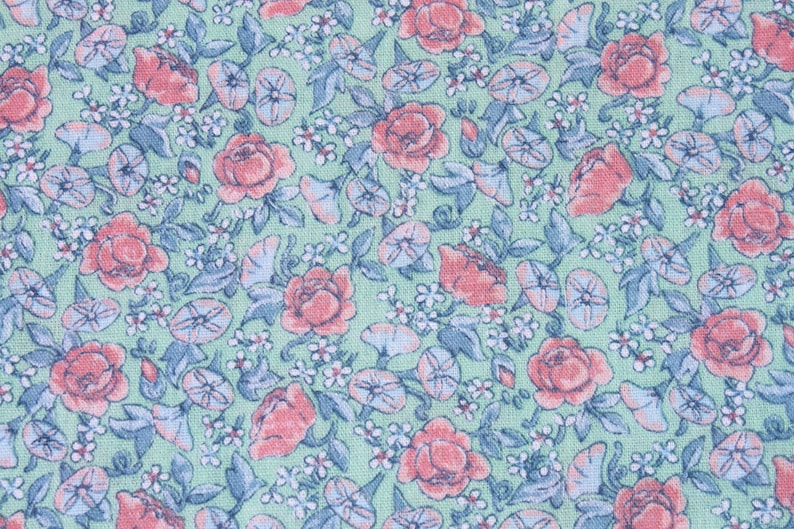 Floral Doll Dress Sewing Quilting Fabric Vintage Pink Purple Small Flowers on Mint Green Cotton Fabric By the Yard