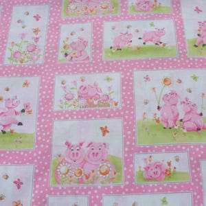 May include: Pink fabric with a white background and a repeating pattern of pink pigs in various poses. The pigs are surrounded by flowers, butterflies, and bees. The fabric has a white polka dot pattern.