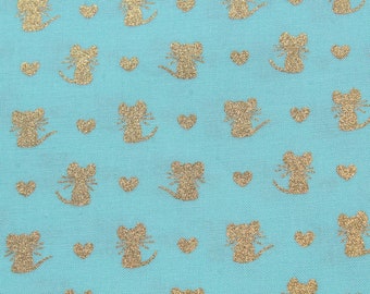 Small Gold Mice and Tiny Hearts on Aqua Turquoise Blue Cotton Fabric by the Yard