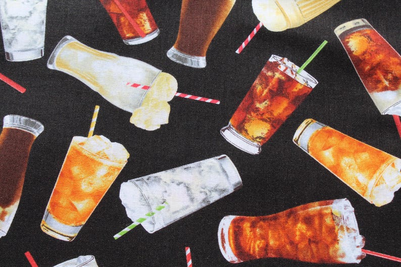May include: A fabric design featuring a pattern of cold drinks, such as iced tea, fizzy drinks, and milkshakes, with ice and straws. The drinks are in clear glasses and paper cups, set against a black backdrop.