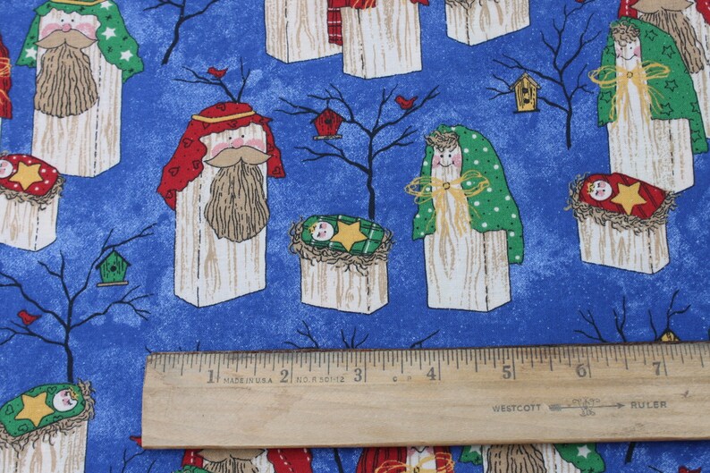 Christmas Nativity Cotton Fabric by the Yard Blue Red Funky Etsy