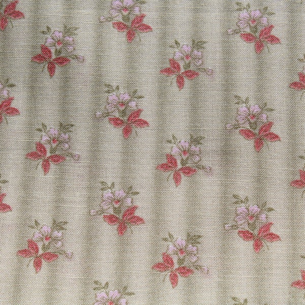 Moda Robyn Pandolph Cotton Fabric by the yard - Small Coral Pink Floral Print on Pastel Green