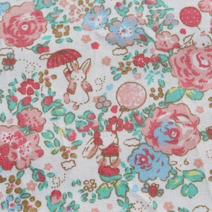 Floral Cotton Fabric: Peach Roses & Bunny Rabbits, Vintage Nursery Style