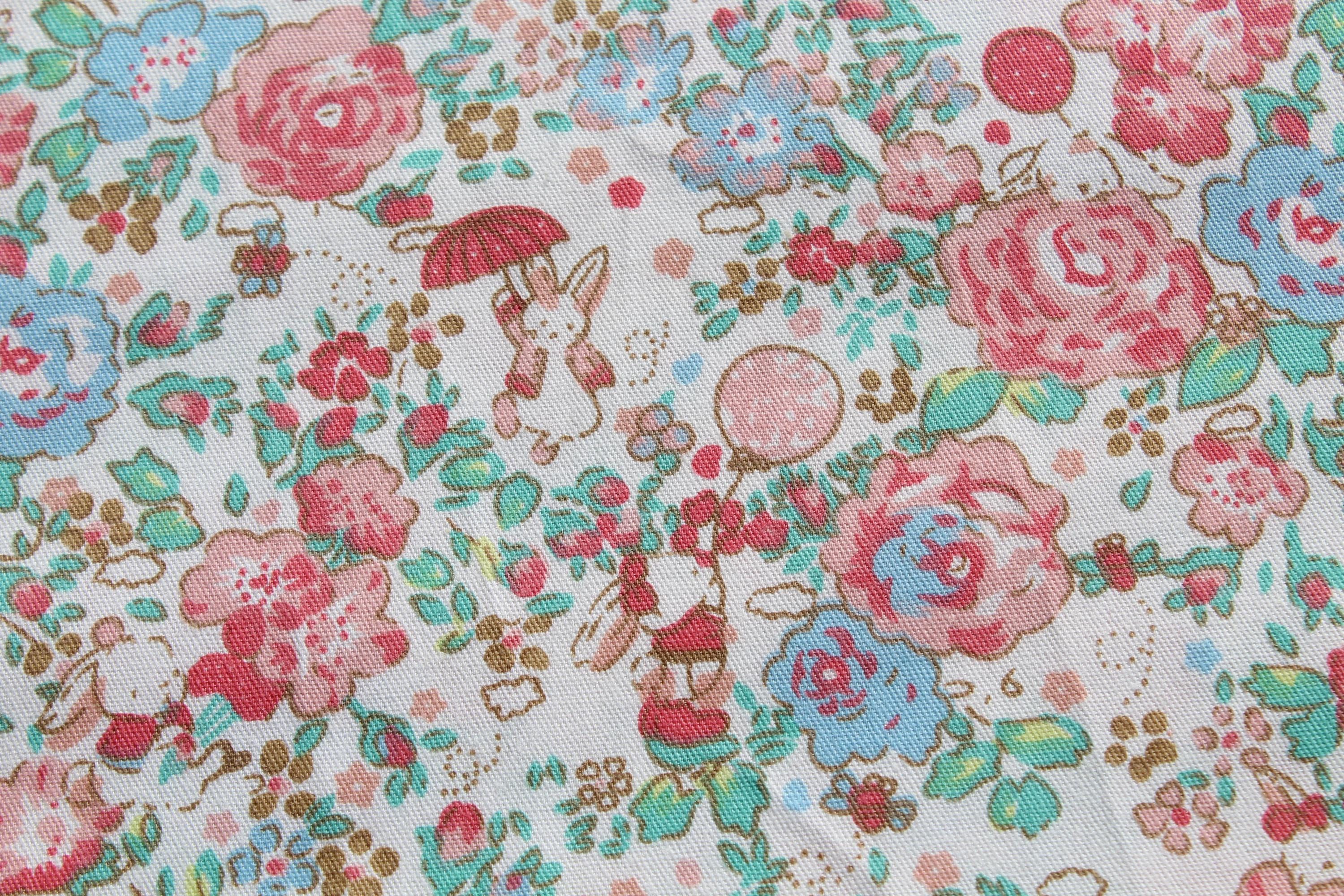 Small Peach Baby Pink Blue Roses & Bunny Rabbits Cotton Fabric - Vintage Style Nursery, Dress 100% lightweight by the Yard