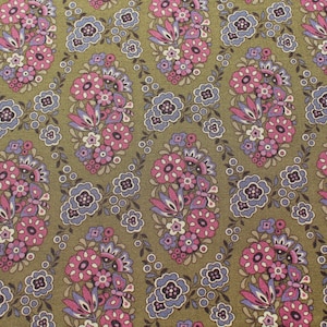 Magenta Pink & Purple Floral Print on Olive Greenish Brown 00% Cotton Fabric by the Half Yard