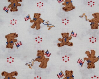Vintage Small Brown Teddy Bear Cotton Fabric with American Flags and Tiny Stars, Lightweight 4th of July Sewing Material, VIP Cranston