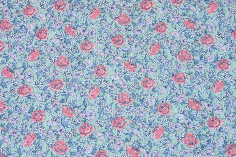 Floral Doll Dress Sewing Quilting Fabric Vintage Pink Purple Small Flowers on Mint Green Cotton Fabric By the Yard