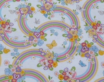 Pastel Rainbow, Pansy Flower and Butterfly 100% Cotton Fabric by the Yard, Floral Print for Quilting, Sewing Summer Girl Dress