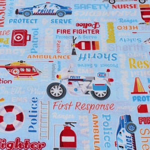 First Responder Fire Truck, Police Car, Motircycle Cotton Fabric by the Half Yard