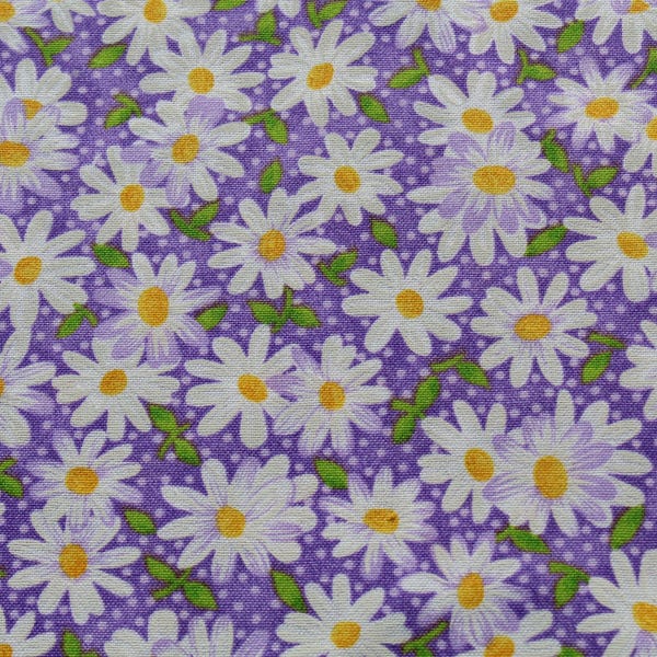 White Daisy Flower on Lavender Purple Cotton Fabric by the Yard, Quilting Dress Material