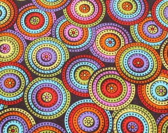 Geometric Circle Fabric, Rainbow Cotton By The Yard, Retro Dot Print Black Quilting