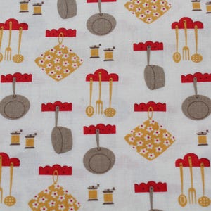 May include: White fabric with a repeating pattern of kitchen utensils. The pattern includes pots, spoons, forks, and spatulas hanging on red hooks. There are also small yellow and white floral designs and spools of thread.