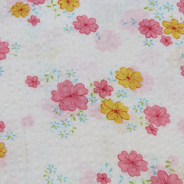 Vintage Pink & Yellow Floral Print Seersucker Fabric by the Half Yard, Old Fashioned, Doll Dress Sewing Quilting