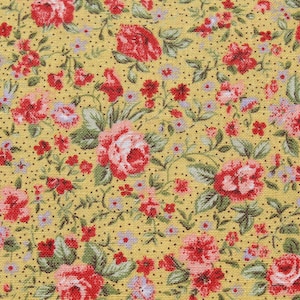 Small Pink Rose on Yellow Calico 100% Cotton Fabric by the Yard Floral Print for Doll or Girl Dress Quilting and Sewing
