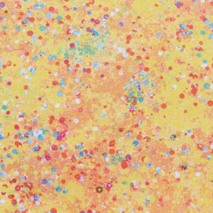 May include: A yellow background with a speckled pattern of various colors. The pattern includes red, blue, and white dots, with a faded orange undertone. The overall effect is a playful, abstract design.
